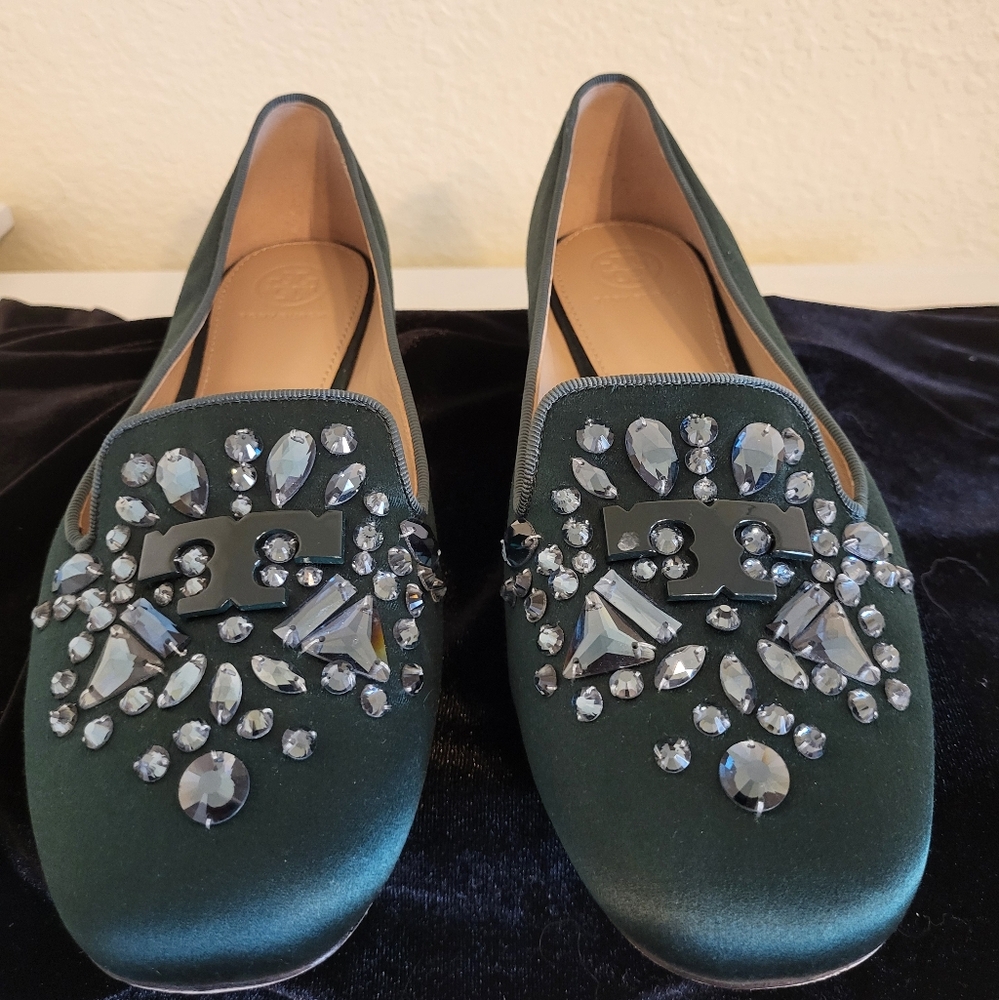 TORY BURCH Embellished Emerald Green Satin  Loafers - Picture 2 of 7